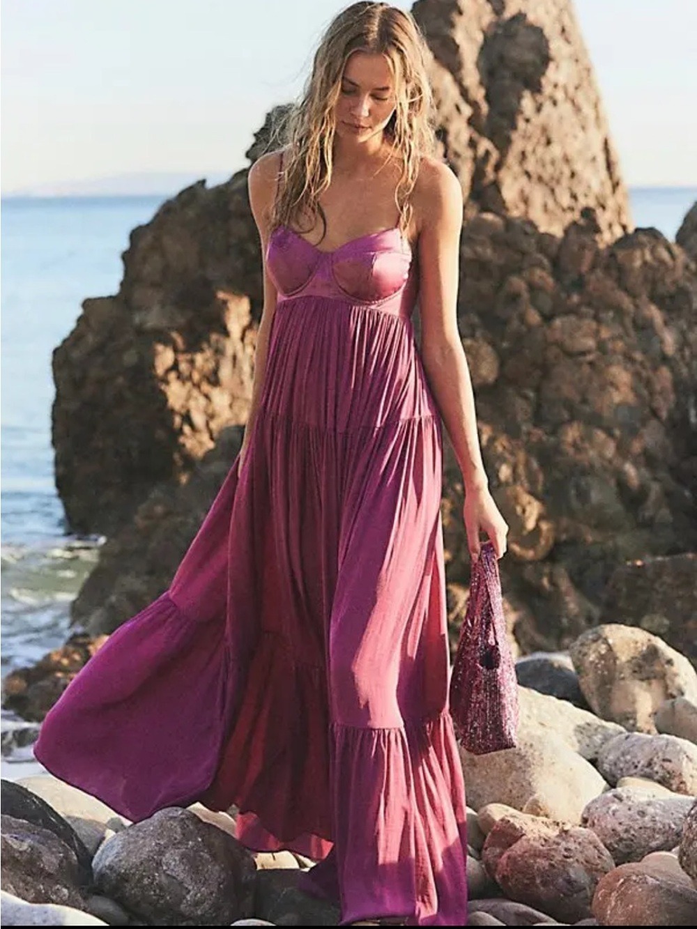 Free People Freya Berry Pink Satin Corset Tiered Maxi Dress M Coquette Fairycore - Picture 3 of 16